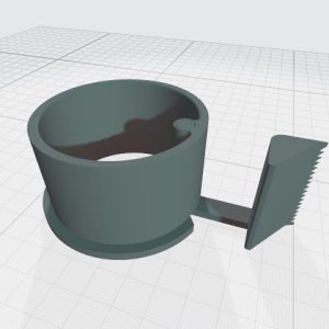 Rendering of a tape dispenser with a circular core to hold a reel of tape and a movable arm with a thumb pad and a serrated cutter.