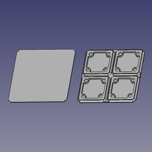 Two renderings of a flat 2x2 FreeGrid "box", one showing the flat top surface, one the underside with slots for a grid and holes for magnets.
