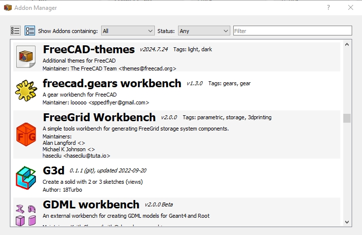 Screen capture of the FreeCAD add-on manager showing the FreeGrid workbench